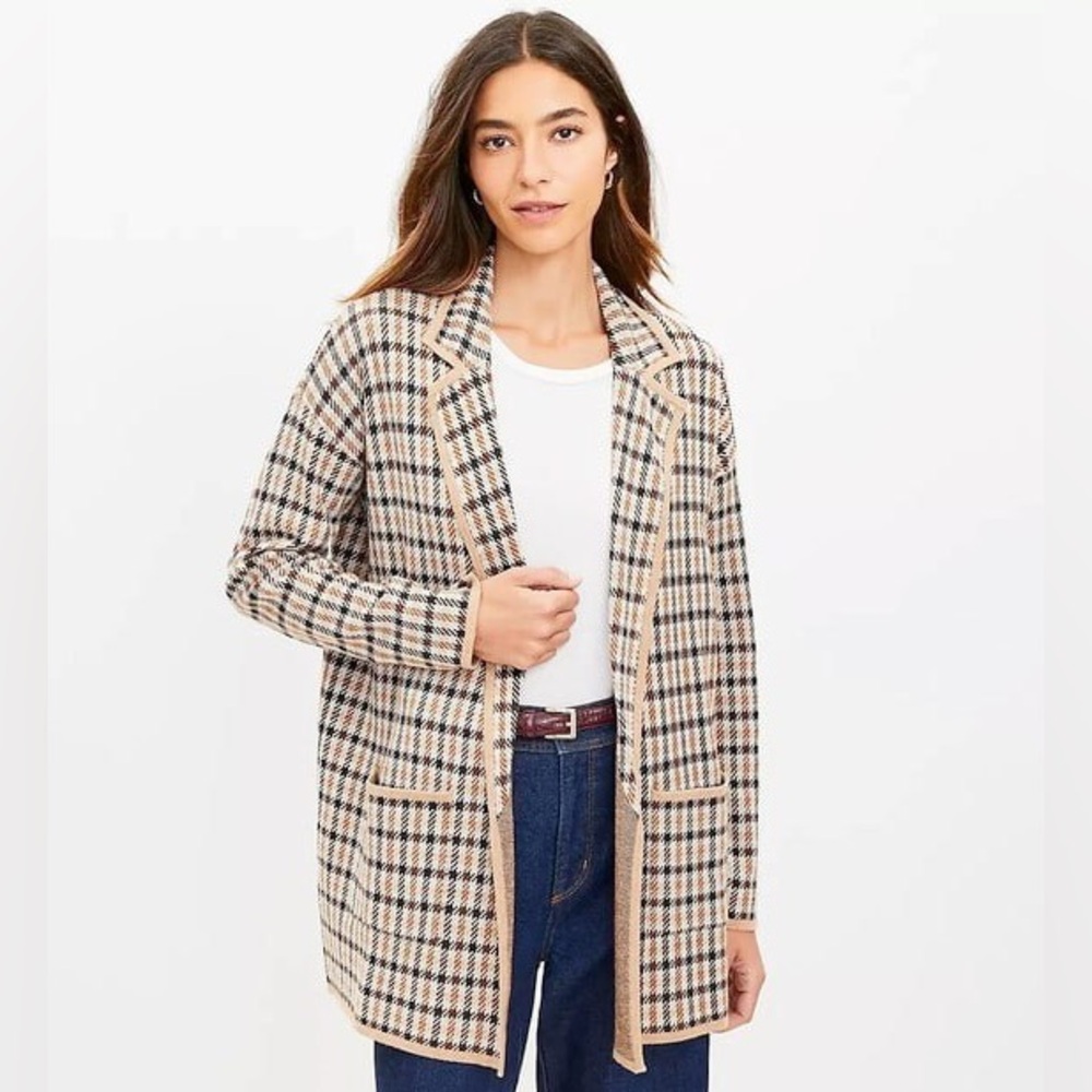 LOFT Tan and Brown Plaid Blazer Sweater Long Beige